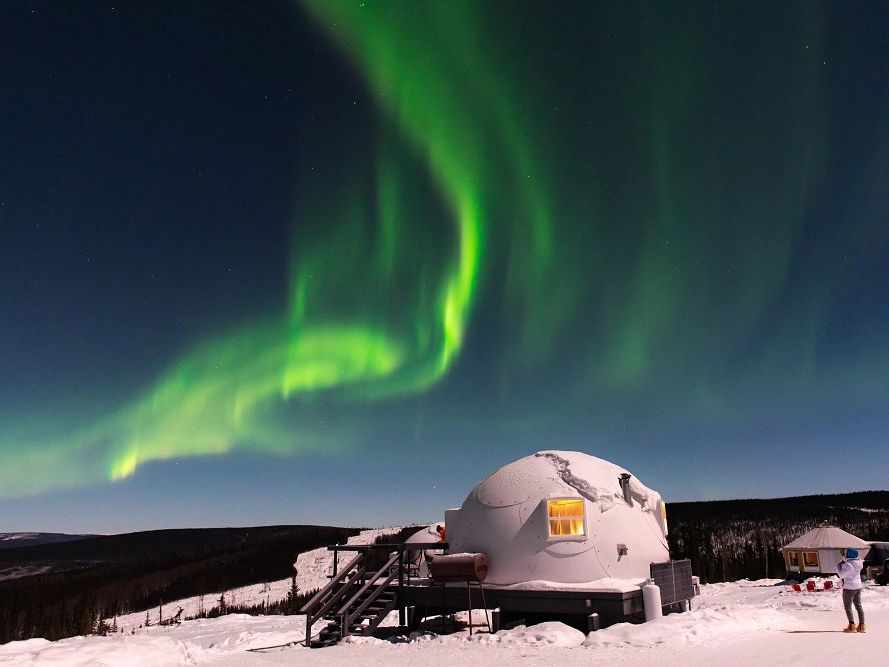 Noorderlicht boven een dome van Borealis Basecamp, nabij Fairbanks, Alaska