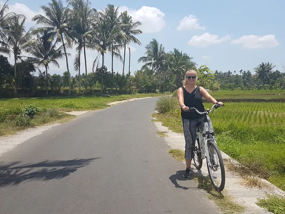 Fietsen tussen de groene rijstvelden van Senggigi