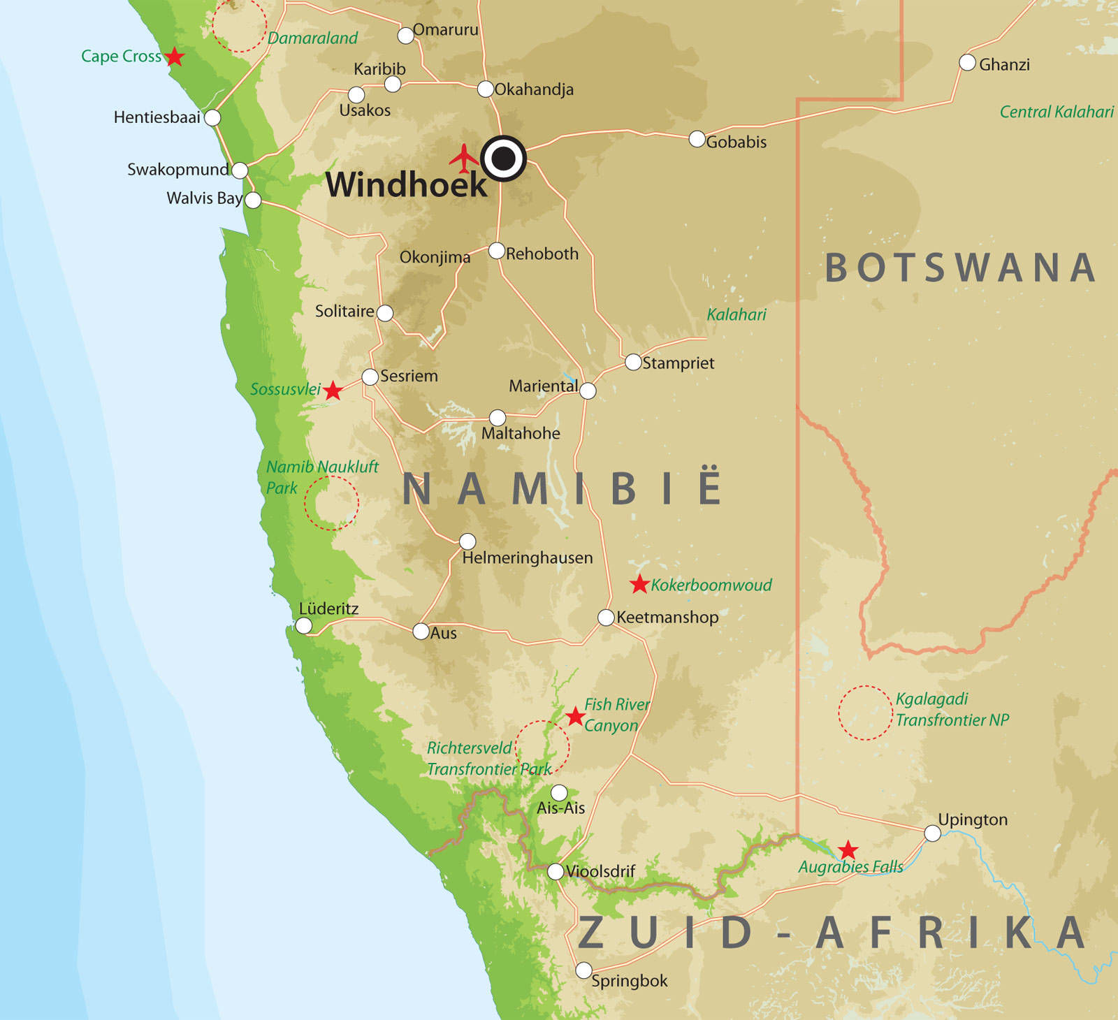 Landkaart Zuiden van Namibië