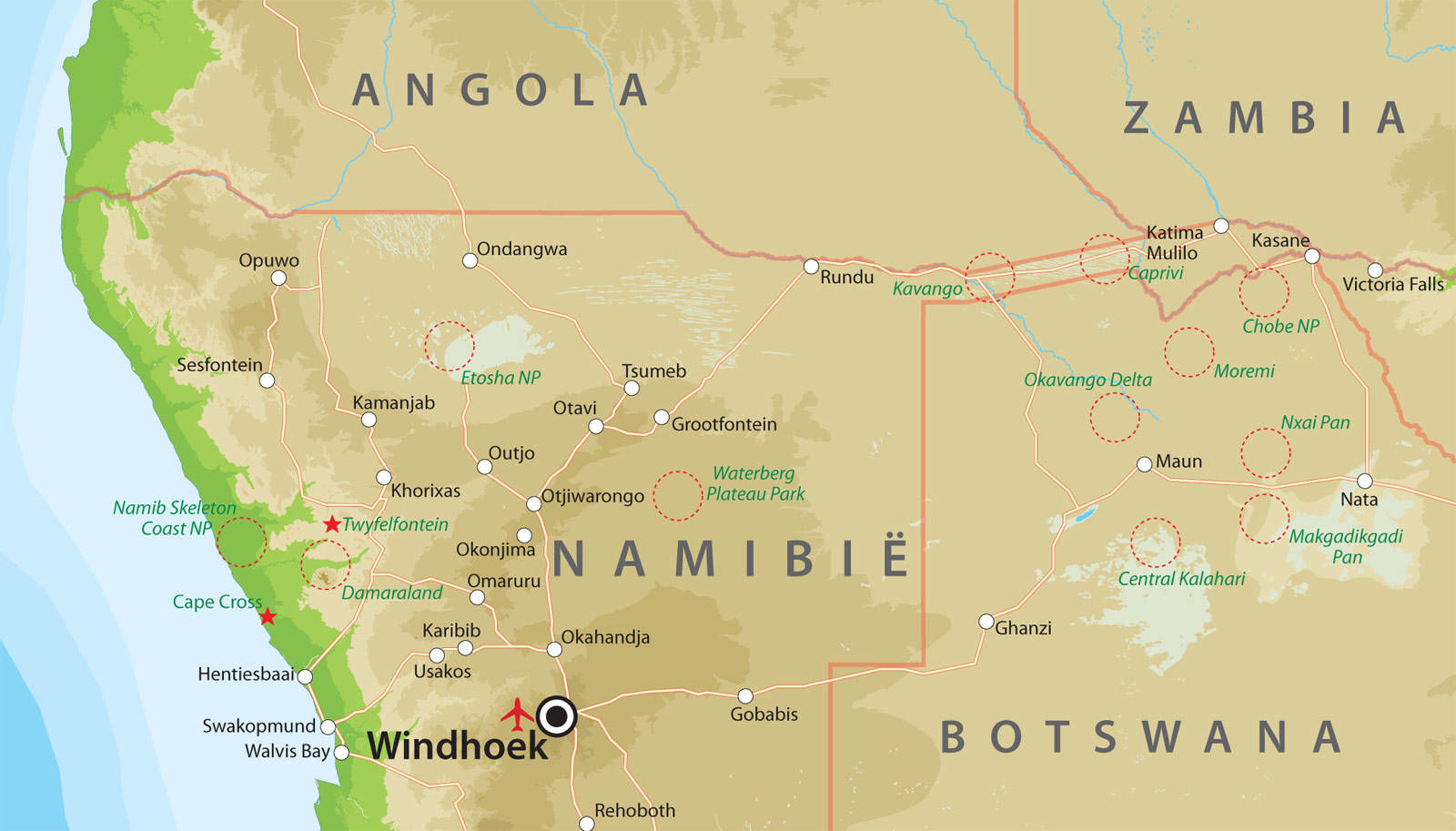 Landkaart Noorden van Namibië Landkaart Noorden van Namibië