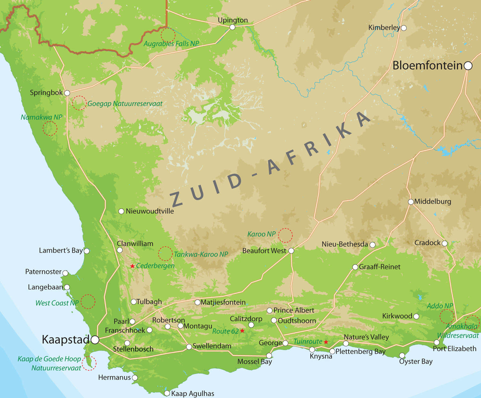 Landkaart Zuiden van Zuid-Afrika