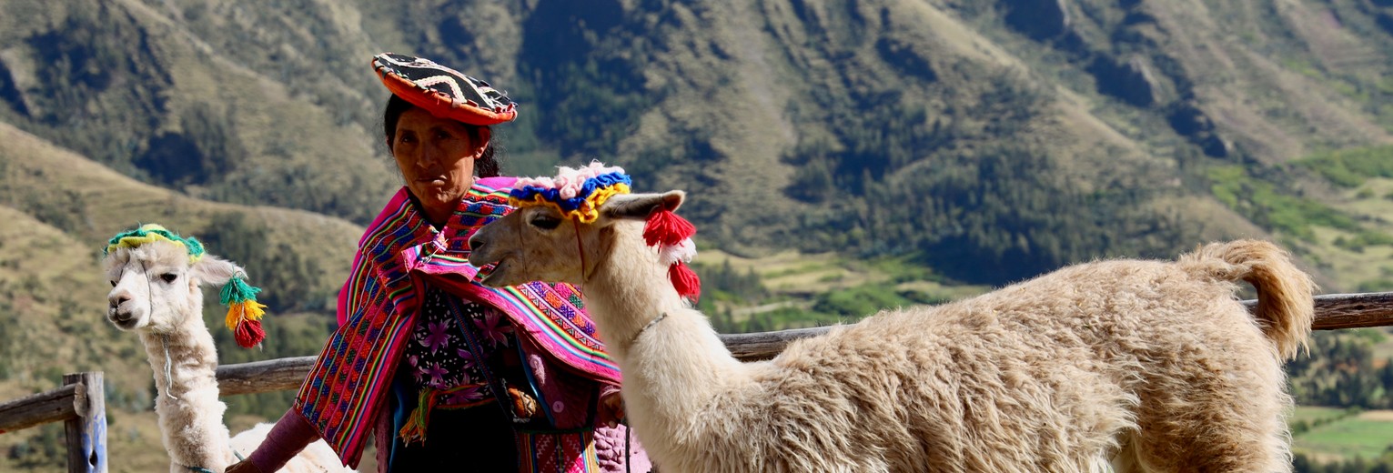 Ga op de foto met een local en twee lama's bij Machu Picchu, Peru