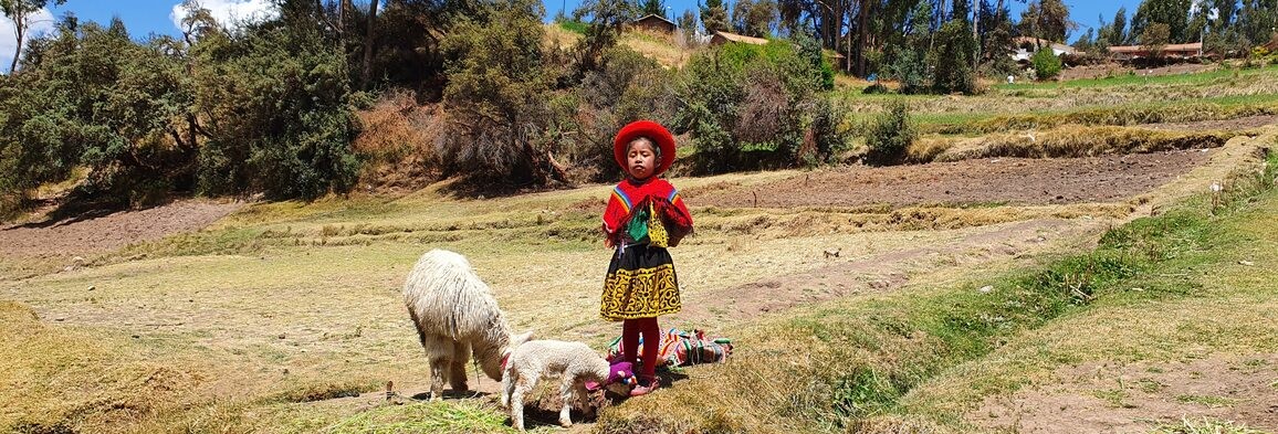 Meisje in klederdracht nabij Cuzco, Peru