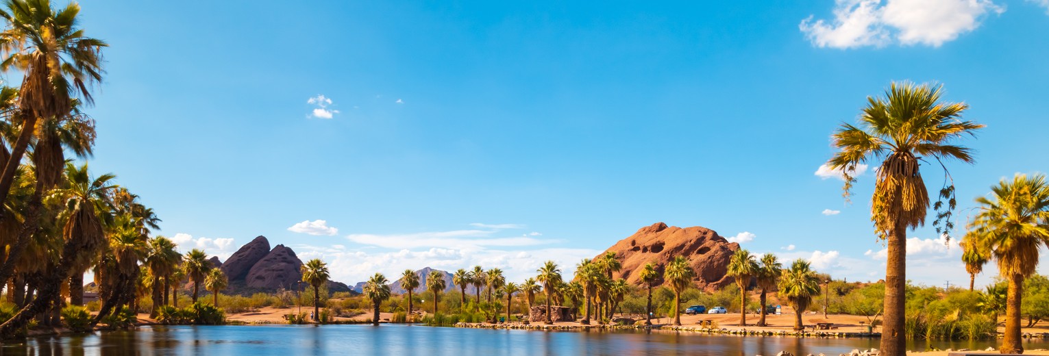 Palmbomen, meertje en rode bergen bij het chique Scottsdale, Arizona, Amerika
