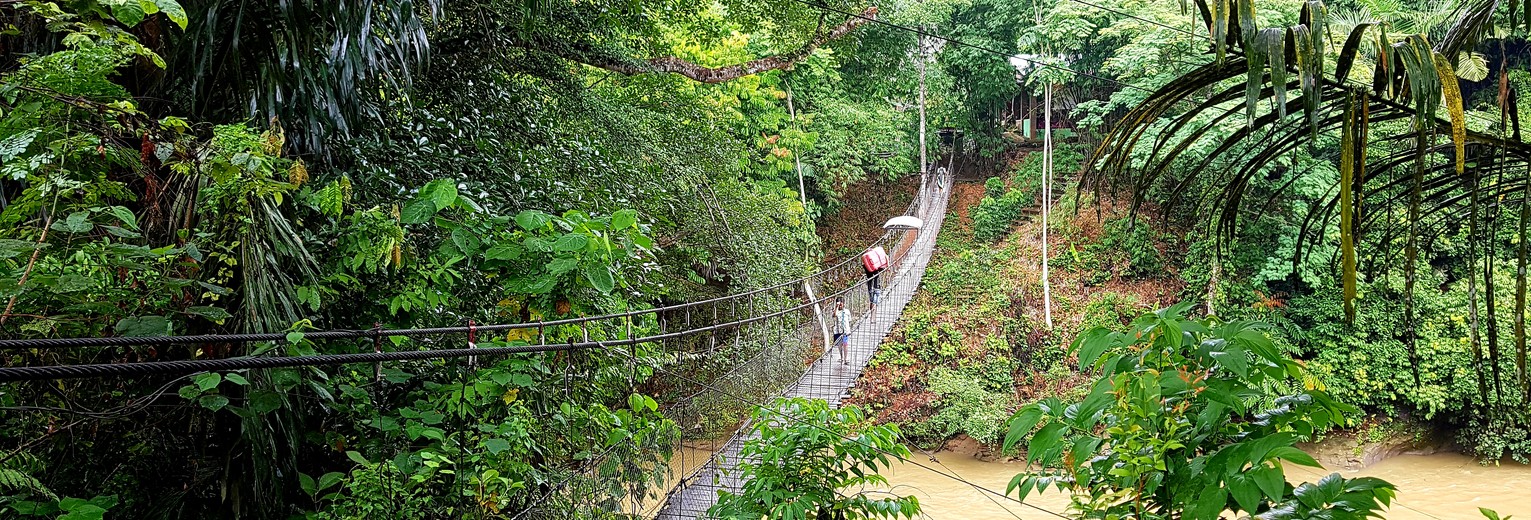 Via een hangbrug naar je verblijf in Tangkahan, Sumatra, Indonesië