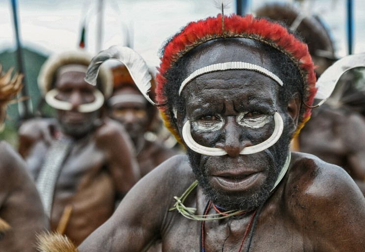 Lokale man in traditionele kleding, Irian-Jaya Indonesië