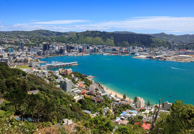 Luchtfoto van de baai in Wellington, Nieuw-Zeeland