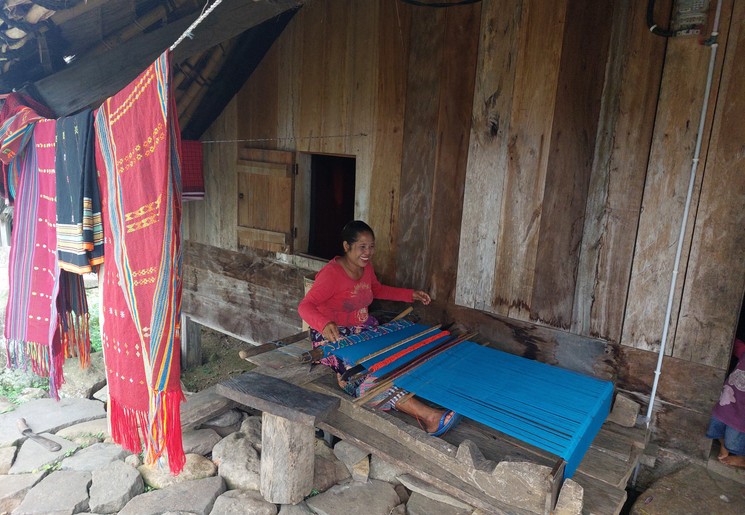 De vrouwen in de dorpjes op Flores weven met de hand kleurrijke Ikat-doeken