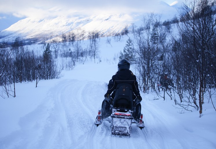 Met een sneeuwscooter door het besneeuwde landschap, Alaska, Amerika