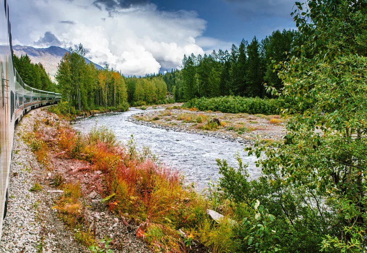 Trein langs de rivier bij Talkeetna, Alaska, Amerika