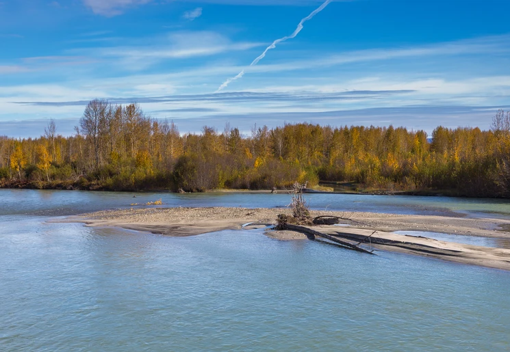 Jetboat tocht bij Talkeetna, Alaska, Amerika Jetboat tocht bij Talkeetna, Alaska, Amerika