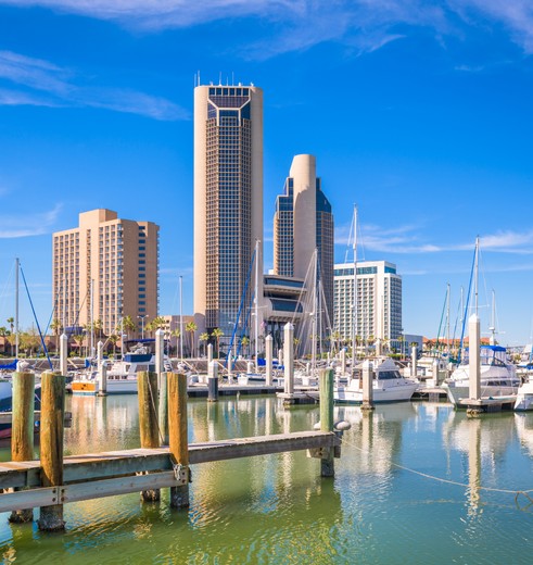 Stad en strand nabij Houston, in Corpus Christi, Texas, Amerika