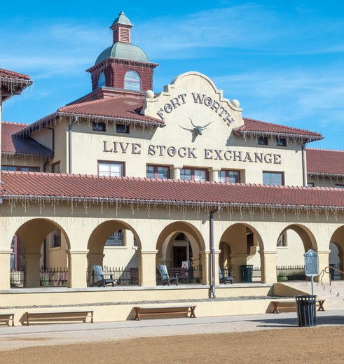 Bezoek het authentieke gebouw van de veeveiling in Fort Worth, Texas, USA
