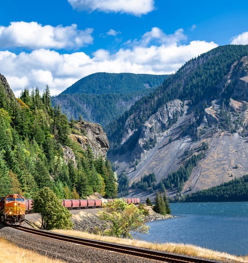 Trein rijdt door de natuur nabij Hood River, USA