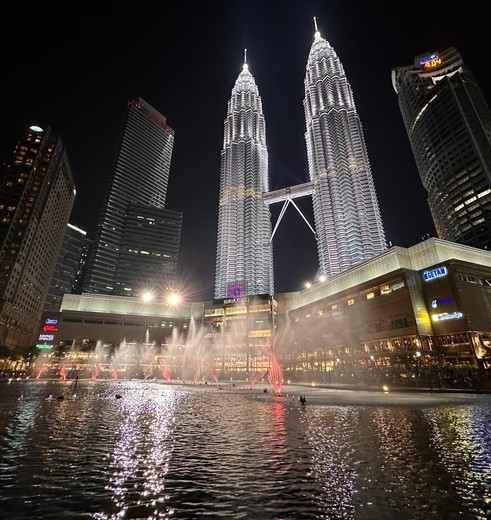 De Petronas Towers verlicht in de avond in Kuala Lumpur