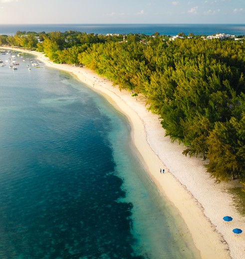 Hagelwit strand bij Mauritius met groene natuur en een helderblauwe zee