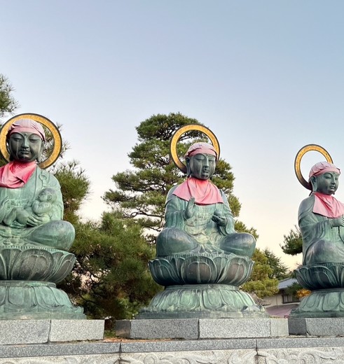 Buddhabeelden bij de tempel, Nagano