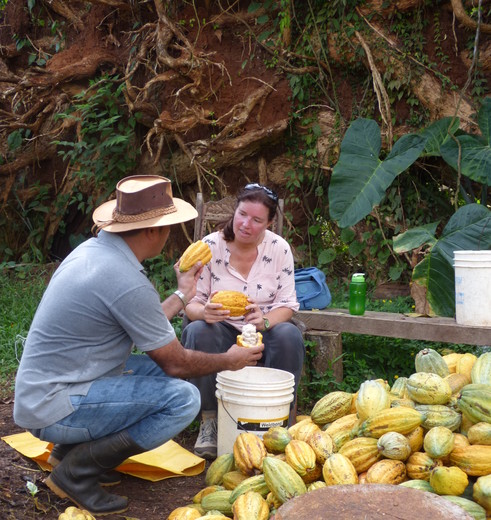 Irene bezoekt de cacaoplantage in El Castillo, Nicaragua