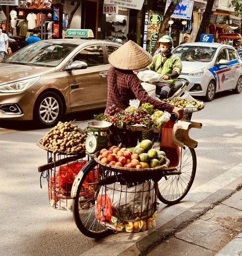 Fruitverkoper op de fiets, Hanoi, Vietnam