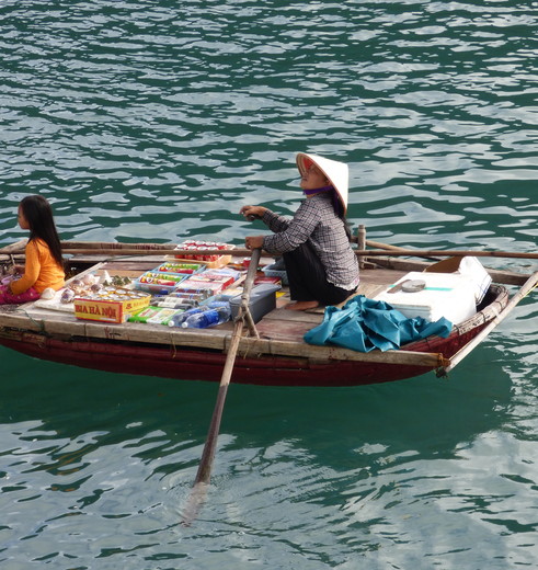 De kleine supermarktbootjes varen tussen de grote schepen in Bai Tu Long, Vietnam