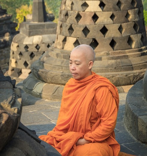 Een biddende monnik bij de Borobudur