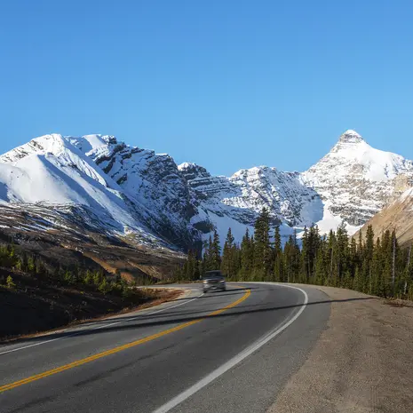 Onderweg naar Jasper National Park rijdt u langs de vele bergen van de Rockies, Canada