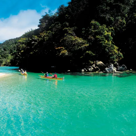 Panorama met kajakkers bij Abel Tasman National Park, Nieuw-Zeeland