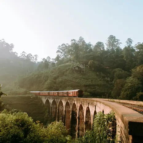 Trein over brug bij Kandy in Sri Lanka